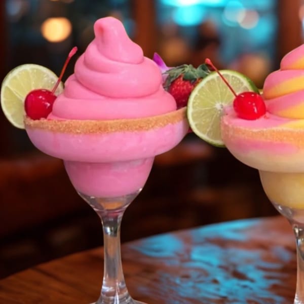 Two vibrant pink and yellow frozen drinks with lime, cherry, and strawberry garnishes on a wooden table.