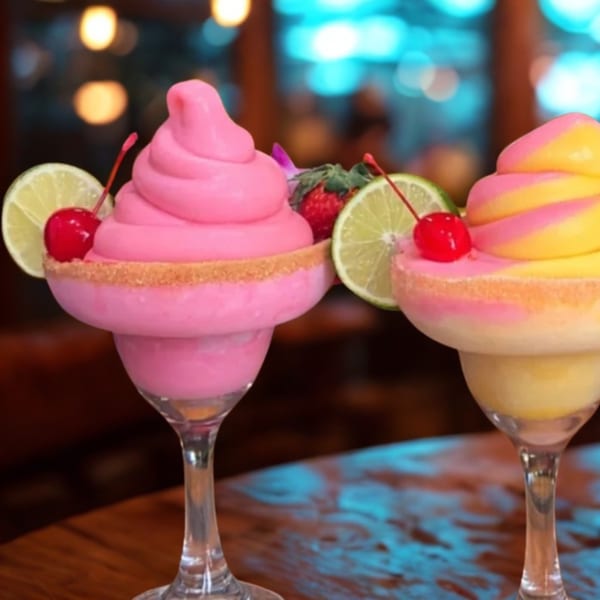Two vibrant frozen margaritas, one pink and one yellow-pink swirl, garnished with lime and cherries.